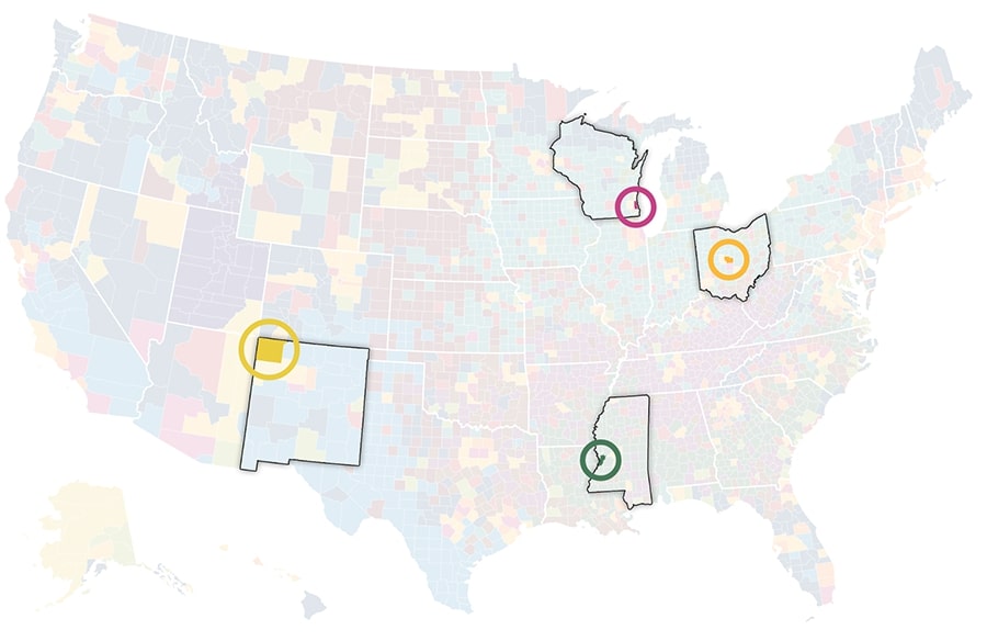map of US with four communities highlighted